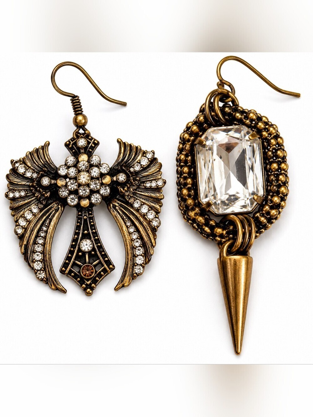 Vtg Antique Brass Mismatched Angel Wing Cross and Spike Gothic Dangle Earrings